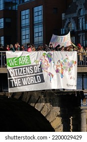 BRISTOL, UK - JANUARY 20, 2017: Demonstrators Protest Against The Policies Of US President Donald Trump On The Day Of His Inauguration