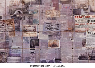 BRISTOL, UK - JANUARY 7, 2012: Old newsprint montage displayed near the entrance to the city docks documenting dockland developments and other local matters at the end of the nineteenth century