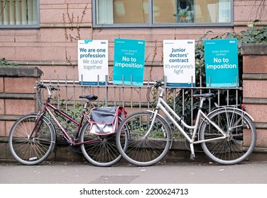 BRISTOL, UK - MARCH 10, 2015: Posters Supporting Striking Junior Doctors Outside The Bristol Royal Infirmary. The Doctors Were Protesting About Plans To Introduce A New Contract Of Employment.