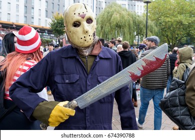 BRISTOL, UK - OCTOBER 29, 2016: A Man Dressed As Jason From The Friday The 13th Movie Series Poses For A Photograph As He Participates In A Zombie Walk In Bristol.