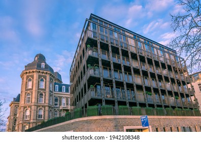 BRISTOL, UNITED KINGDOM - Mar 11, 2021: Close-up shot of Luxury Apartments in Central Bristol during golden hour