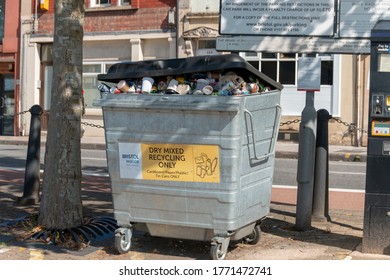 Bristol-June-2020-England-a Close Up View Of A Large Dry Mixed Recycling Only Bin That Is Full Of Rubbish 