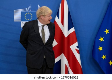 Britain's Prime Minister Boris Johnson is welcomed by European Commission President Ursula von der Leyen at the EU headquarters in Brussels, Belgium on December 9, 2020.