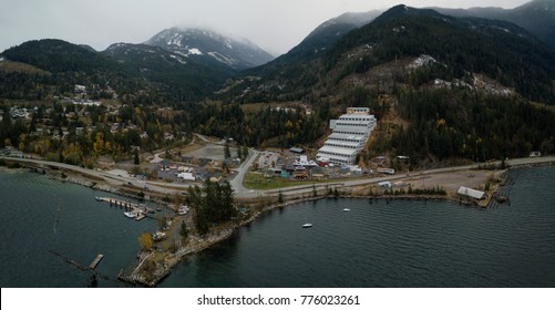 Britannia Beach, British Columbia, Canada - November 4, 2017 - Aerial Panoramic View Of Museum Of Mining In Howe Sound, North Of Vancouver.