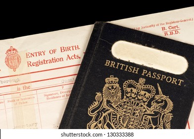 British Birth Certificate And Old Style (pre EU) Type Passport.   Concept Of Britishness.