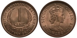 British Caribbean Territories Eastern Group Coin 1 One Cent 1965, Denomination Flanked By Branches, Bust Of Queen Elizabeth II, 