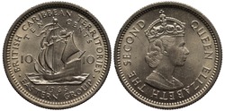 British Caribbean Territories Eastern Group Coin 10 Ten Cents 1965, Sailing Ship In Rolling Sea, Bust Of Queen Elizabeth II Right,
