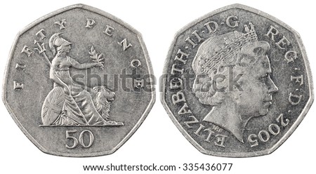 The British coin fifty pence isolated on white background