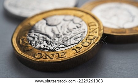 British coins lie on gray surface. One pound sterling coin closeup. Economy and money. Bank of England. UK currency and treasury. Pound illustration. Macro