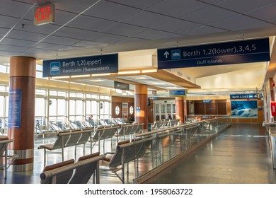 British Columbia, Canada - Apr 14 2021 : Seat of Victoria Swartz Bay Ferry Terminal during covid-19 pandemic period.