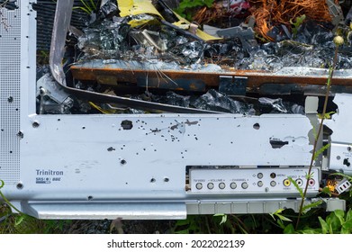 British Columbia, Canada - June 24, 2016: A Smashed Television On The Ground 