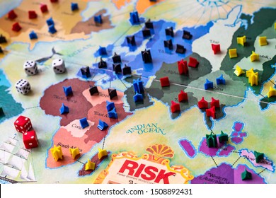 BRITISH COLUMBIA, CANADA - SEPTEMBER 14, 2019: 1975 Risk Board Game - With Cards, Dice, And Tokens