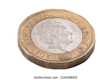 British Currency Exchange, UK Financial Market And Wealthy Banking System Concept With Photograph Of One New Sterling Pound Coin With Shine Isolated On White Background With Clipping Path Cutout