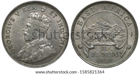 British East Africa silver coin 1 one florin 1920, bust of King George V left, lion in front of mountains, denomination and date below, 
