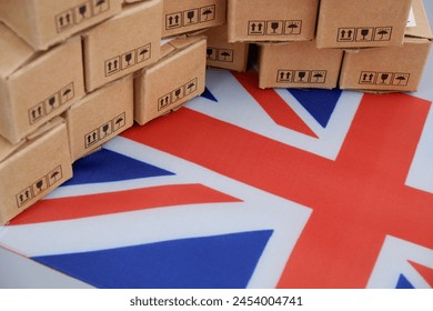 British export concept. UK flag and many carton boxes.	 - Powered by Shutterstock