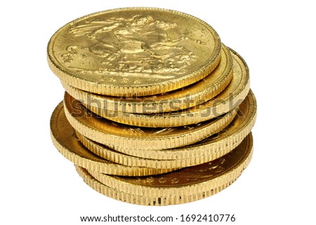 British full Sovereign gold coins isolated on white background