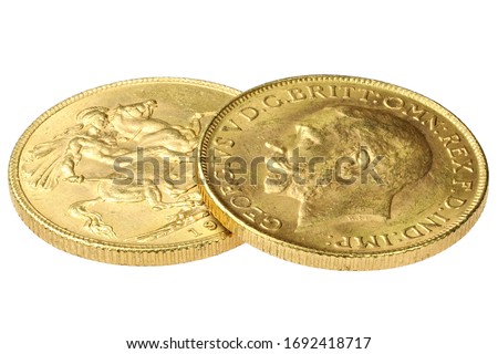 British full Sovereign gold coins (George V) isolated on white background