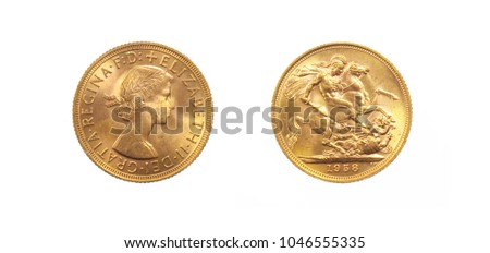 British gold coin of Queen Elizabeth II front and back of fine gold, isolated on pure white background