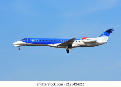 British Midland Airways Limited Regional Embraer E145 Over Airport On March 16,2017 In Frankfurt,Germany.