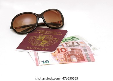British Passport With European Money And Sunglasses Ready For Summer Vacation Abroad