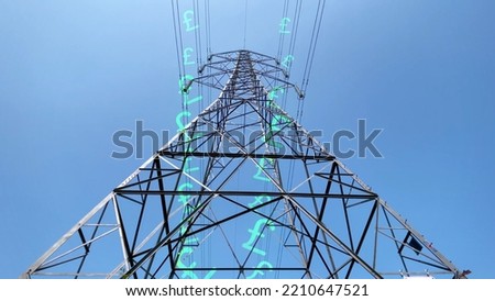 British £ pound symbol running down a electricity pylon showing the energy crisis we are facing in the UK with rising power costs to the average household