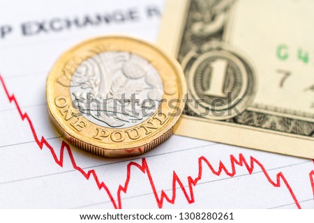 British pound US dollar exchange rate: A coin and a bill placed on a red graph showing decrease in currency exchange rate