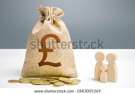 British pounds sterling money bag with money and family figurines. Investments in human capital, culture social projects. Providing assistance to citizens. Financial support for social institutions.
