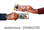 British Pounds Sterling USA Dollar currency pairing.Black African hands holding exchanging comparing  two  bank notes. British  versus USA. Weighing Currencies against each other. Exchange rate