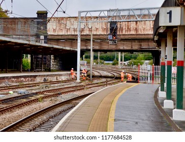 British Rail Workers Fixing The Tracks On Network Rail Train Lines In Preston , Lancashire England UK. SEPTEMBER 2018 