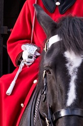 British Royal Guard On Horseback, Sword, White Glove And Red Jacket
