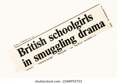 British schoolgirls in smugglin drama - news story from 1975 UK newspaper headline article title in sepia