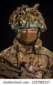 British Special Forces Soldier With Weapon. War, Army, Technology And People Concept.