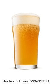 British style imperial pint glass of fresh hazy wheat unfiltered beer with cap of foam isolated on white background.