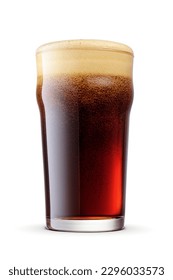 British style imperial pint glass of fresh delicious dark stout beer with cap of foam isolated on white background.
