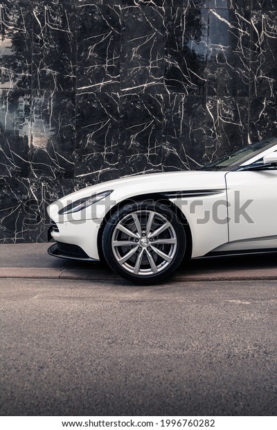 British super car Aston Martin DB11 in a white\
color. Kyiv, Ukraine - June\
2021.