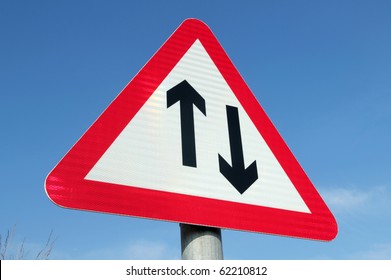 British Two Way Traffic Ahead Sign.