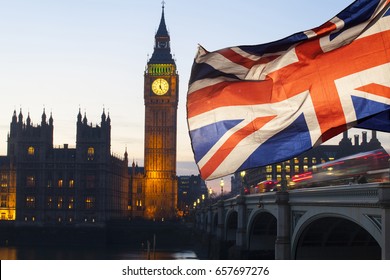 British Union Jack Flag And Big Ben Clock Tower And Parliament House At City Of Westminster In The Background - UK Votes To Leave The EU, Brexit Concept