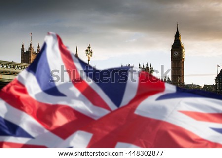 British union jack flag and Big Ben Clock Tower and Parliament house at city of westminster in the background - Brexit