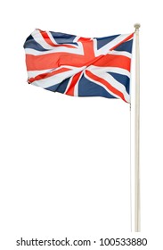 British Union Jack Flag On A Pole Isolated On White Background