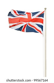 British Union Jack Flag On A Pole Isolated On White Background