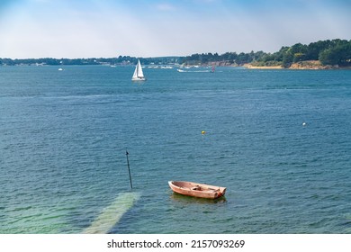 Brittany, Ile aux Moines island in the Morbihan gulf, beautiful coast in summer, with boats in background
