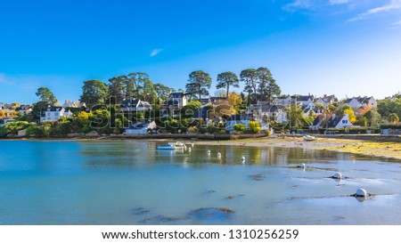 Brittany, Ile aux Moines island in the Morbihan gulf, the typical harbor and village, low tide 