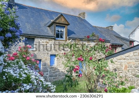 Brittany, Ile aux Moines island in the Morbihan gulf, typical house with a beautiful garden in spring