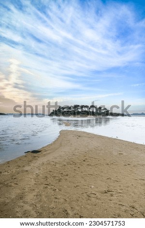 Brittany, the Morbihan gulf, view from the Ile aux Moines, seascape at low tide with an small island