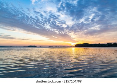 Brittany, panorama of Ile-aux-Moines at sunrise, Morbihan gulf