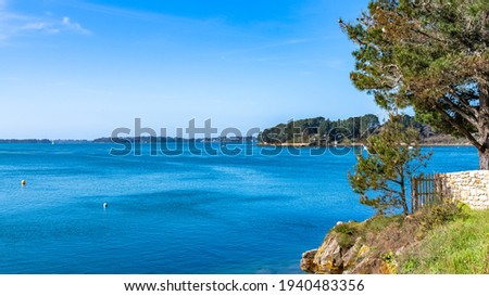 Brittany, panorama of the Morbihan gulf, view from the Ile aux Moines, with a wooden door