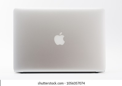 BRNENEC, CZECH REPUBLIC - JUNE 5,2016: Open Laptop Apple  MacBook Air 13 On White Background, Back View. 