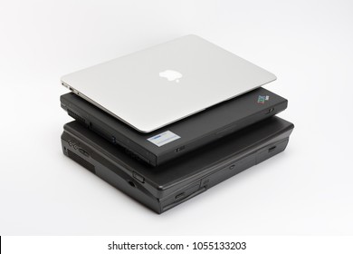 Brnenec, Czech Republic-June 5, 2016: Comparing Of Laptops HP Compaq Armada 1750 (1999), IBM ThinkPad T23 (2002) And Apple MacBook Air (2015),  Present And Past, Technology Progress Isolated On Whitee