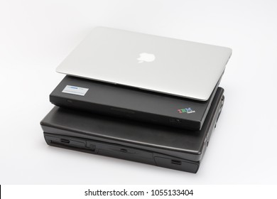 Brnenec, Czech Republic-June 5, 2016: Comparing Of Laptops HP Compaq Armada 1750 (1999), IBM ThinkPad T23 (2002) And Apple MacBook Air (2015),  Present And Past, Technology Progress Isolated On White