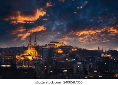Brno city in the Czech Republic. Europe. Petrov - Cathedral of Saints Peter and Paul and Spilberk castle. Beautiful old architecture and a popular tourist destination. Night photography of the city.